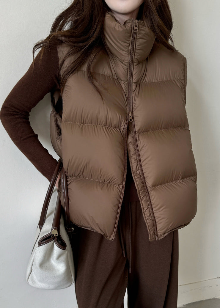 Vintage Coffee Stand Collar Zip Up Duck Down Waistcoat Sleeveless