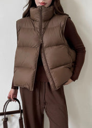 Vintage Coffee Stand Collar Zip Up Duck Down Waistcoat Sleeveless