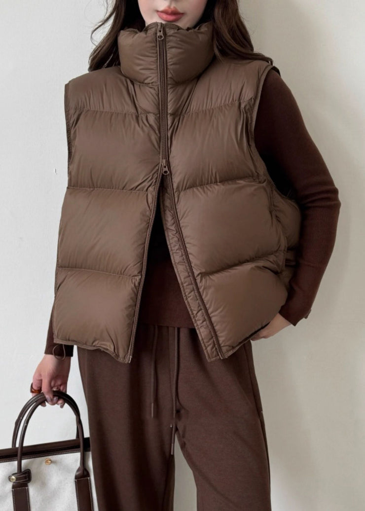 Vintage Coffee Stand Collar Zip Up Duck Down Waistcoat Sleeveless
