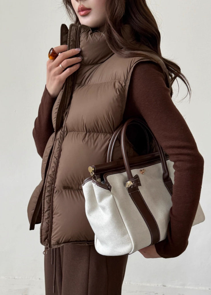 Vintage Coffee Stand Collar Zip Up Duck Down Waistcoat Sleeveless