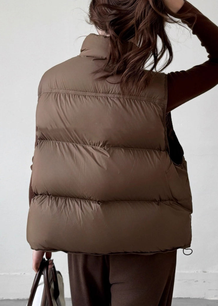 Vintage Coffee Stand Collar Zip Up Duck Down Waistcoat Sleeveless