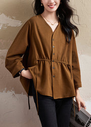 Vintage Coffee V Neck Button Lace Up Cotton Shirt Top Fall