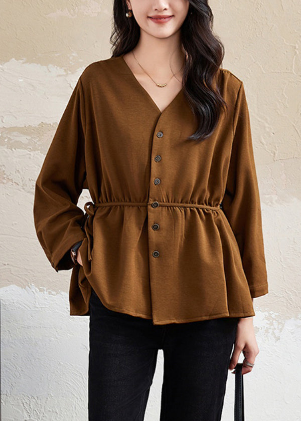 Vintage Coffee V Neck Button Lace Up Cotton Shirt Top Fall