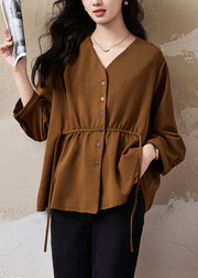 Vintage Coffee V Neck Button Lace Up Cotton Shirt Top Fall