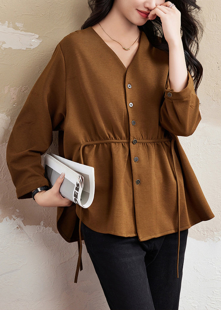 Vintage Coffee V Neck Button Lace Up Cotton Shirt Top Fall