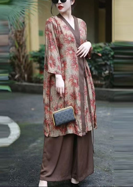 Vintage Coffee V Neck Print Lace Up Silk Cotton Two Pieces Set Spring