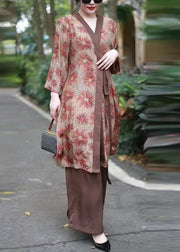Vintage Coffee V Neck Print Lace Up Silk Cotton Two Pieces Set Spring