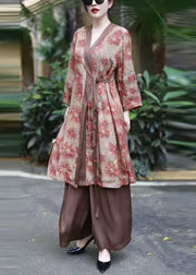 Vintage Coffee V Neck Print Lace Up Silk Cotton Two Pieces Set Spring