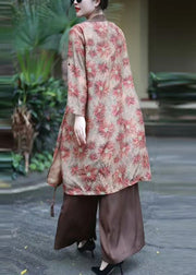 Vintage Coffee V Neck Print Lace Up Silk Cotton Two Pieces Set Spring