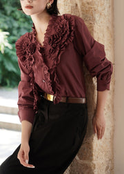 Vintage Coffee V Neck Ruffled Button Cotton Shirt Fall