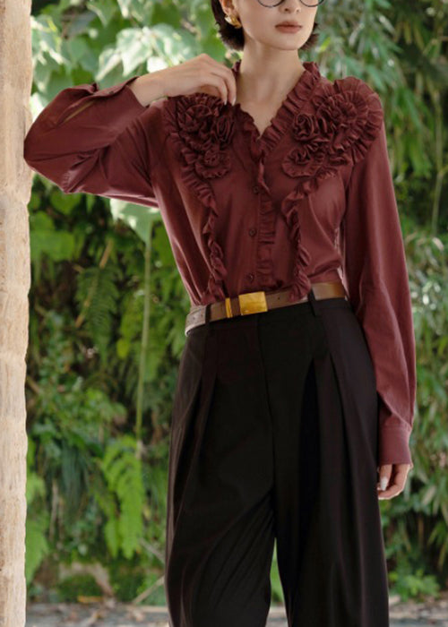 Vintage Coffee V Neck Ruffled Button Cotton Shirt Fall