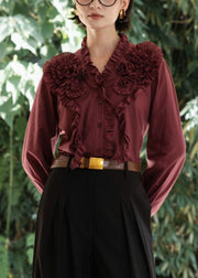 Vintage Coffee V Neck Ruffled Button Cotton Shirt Fall