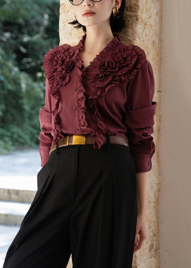 Vintage Coffee V Neck Ruffled Button Cotton Shirt Fall
