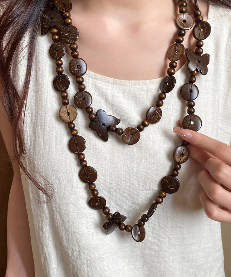 Vintage Coffee Wooden Coconut Shell Beading Sweater Gratuated Bead Necklace