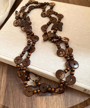 Vintage Coffee Wooden Coconut Shell Beading Sweater Gratuated Bead Necklace