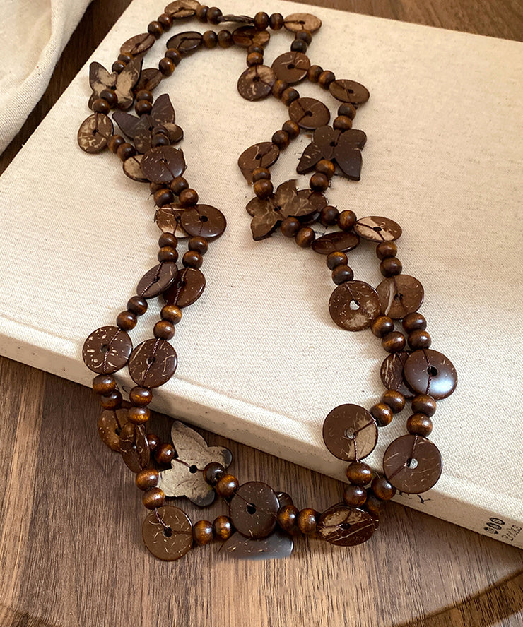 Vintage Coffee Wooden Coconut Shell Beading Sweater Gratuated Bead Necklace