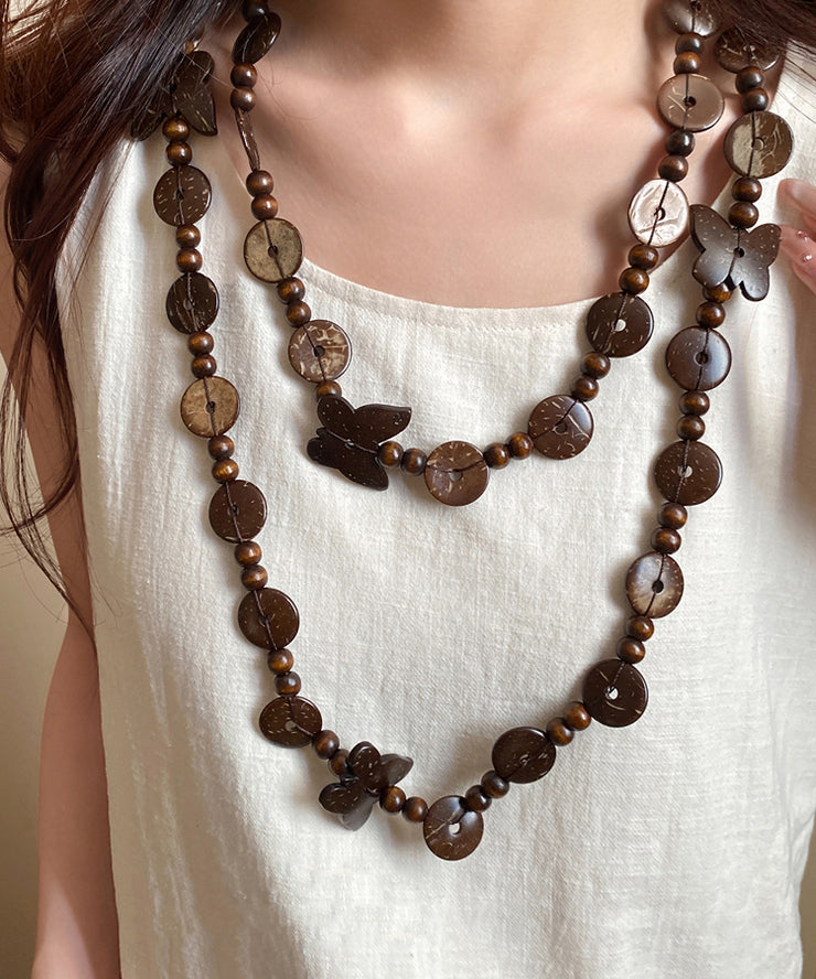 Vintage Coffee Wooden Coconut Shell Beading Sweater Gratuated Bead Necklace