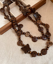 Vintage Coffee Wooden Coconut Shell Beading Sweater Gratuated Bead Necklace