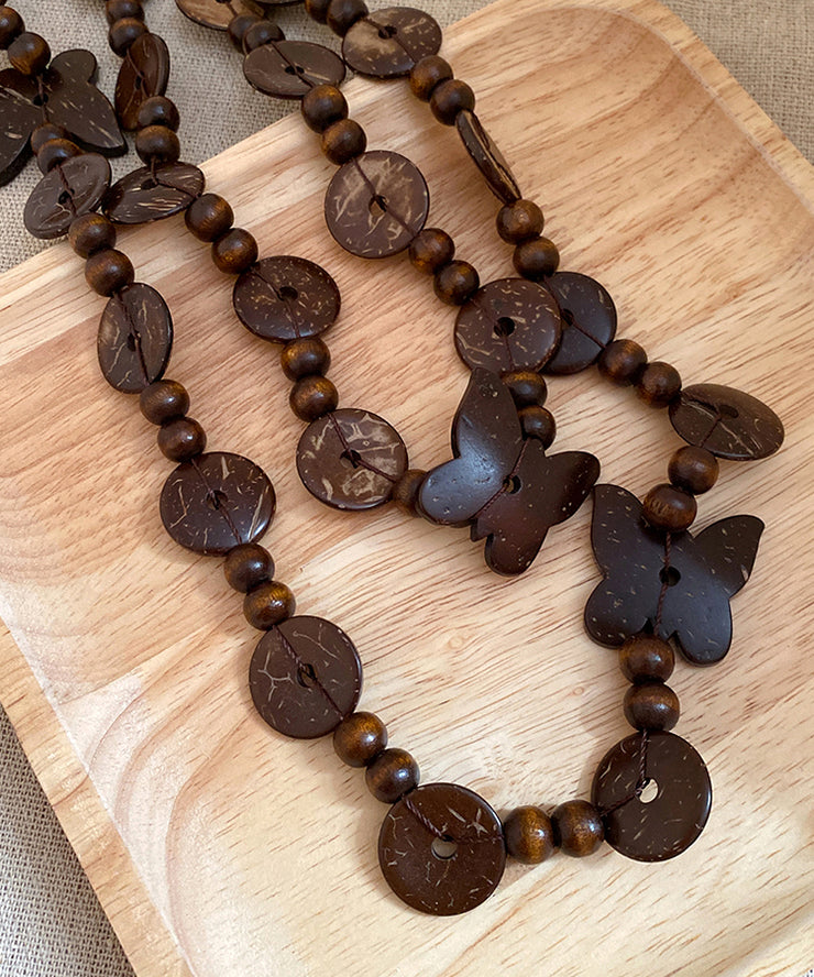 Vintage Coffee Wooden Coconut Shell Beading Sweater Gratuated Bead Necklace