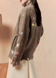 Vintage Coffee Zip Up Hole Pockets Cotton Knit Coats Winter