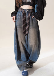 Vintage Dark Blue High Waist Pockets Wide Leg Jeans Fall