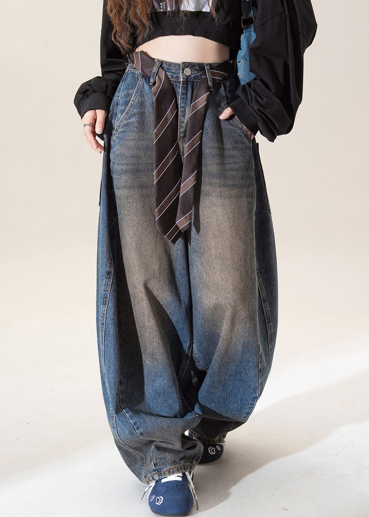 Vintage Dark Blue High Waist Pockets Wide Leg Jeans Fall