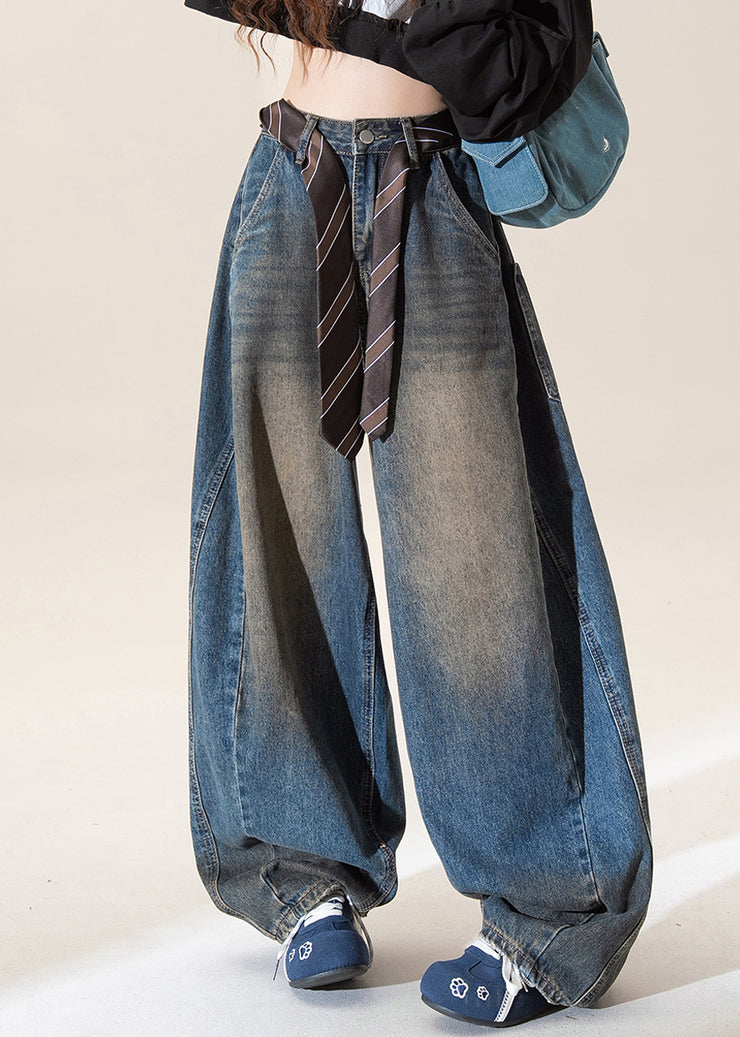 Vintage Dark Blue High Waist Pockets Wide Leg Jeans Fall