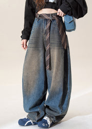 Vintage Dark Blue High Waist Pockets Wide Leg Jeans Fall