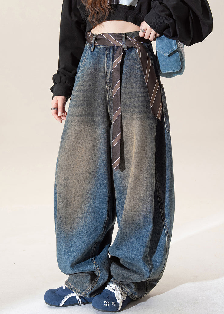 Vintage Dark Blue High Waist Pockets Wide Leg Jeans Fall