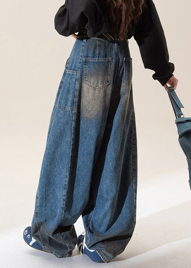Vintage Dark Blue High Waist Pockets Wide Leg Jeans Fall