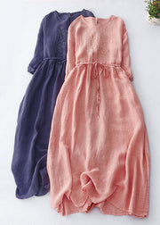 Vintage Dark Purple Embroidered Tie Waist Linen Maxi Dress Spring
