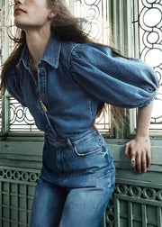 Vintage Denim Blue Button Shirts And Pants Two Pieces Set Half Sleeve