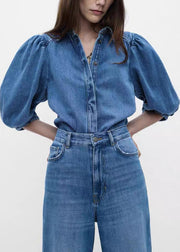 Vintage Denim Blue Button Shirts And Pants Two Pieces Set Half Sleeve