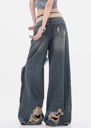 Vintage Denim Blue Hole Zippered High Waist Wide Leg Pants Fall