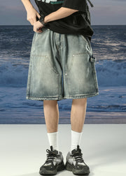 Vintage Denim Blue Lace Up Pockets Mens Shorts Summer