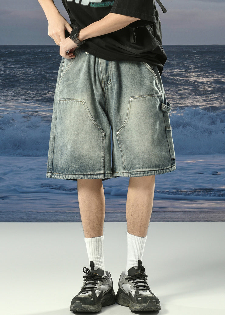 Vintage Denim Blue Lace Up Pockets Mens Shorts Summer