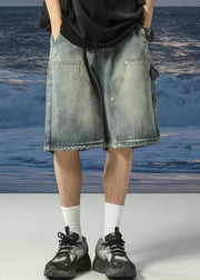 Vintage Denim Blue Lace Up Pockets Mens Shorts Summer