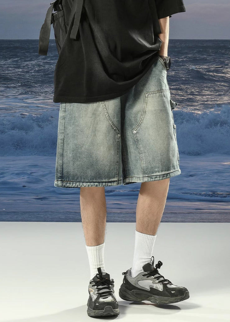 Vintage Denim Blue Lace Up Pockets Mens Shorts Summer