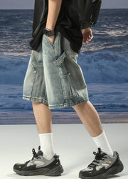 Vintage Denim Blue Lace Up Pockets Mens Shorts Summer