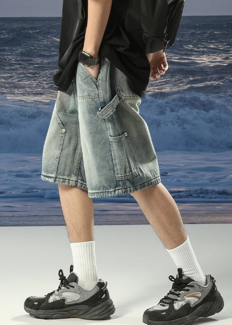 Vintage Denim Blue Lace Up Pockets Mens Shorts Summer