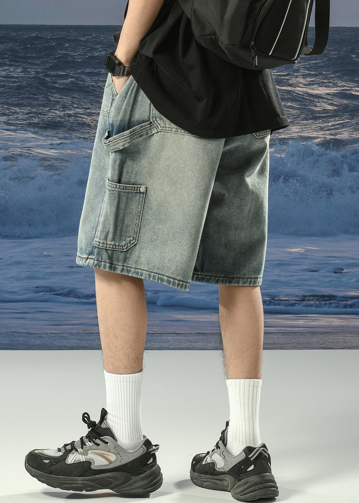Vintage Denim Blue Lace Up Pockets Mens Shorts Summer