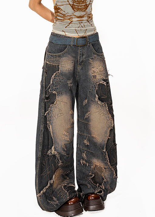 Vintage Denim Blue Pockets High Waist Ripped Jeans Fall