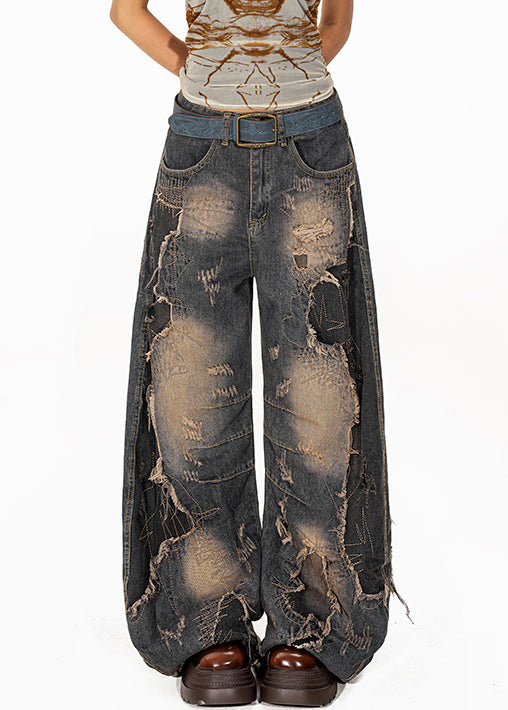 Vintage Denim Blue Pockets High Waist Ripped Jeans Fall