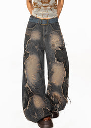 Vintage Denim Blue Pockets High Waist Ripped Jeans Fall