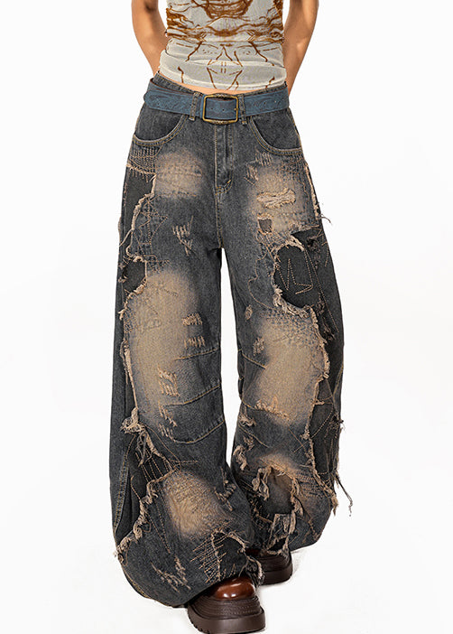 Vintage Denim Blue Pockets High Waist Ripped Jeans Fall