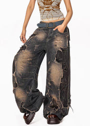 Vintage Denim Blue Pockets High Waist Ripped Jeans Fall