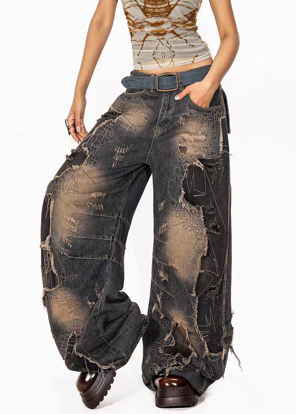 Vintage Denim Blue Pockets High Waist Ripped Jeans Fall