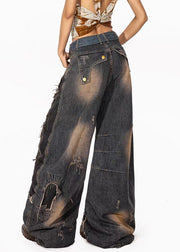 Vintage Denim Blue Pockets High Waist Ripped Jeans Fall