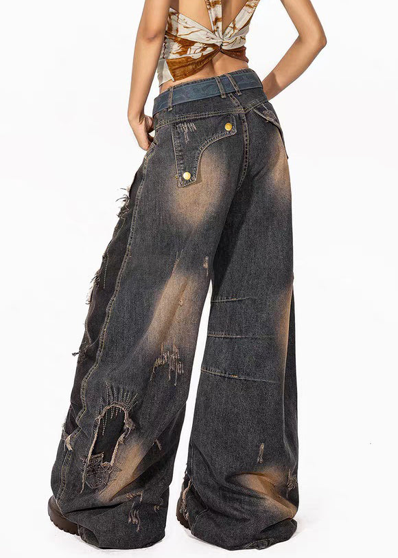 Vintage Denim Blue Pockets High Waist Ripped Jeans Fall