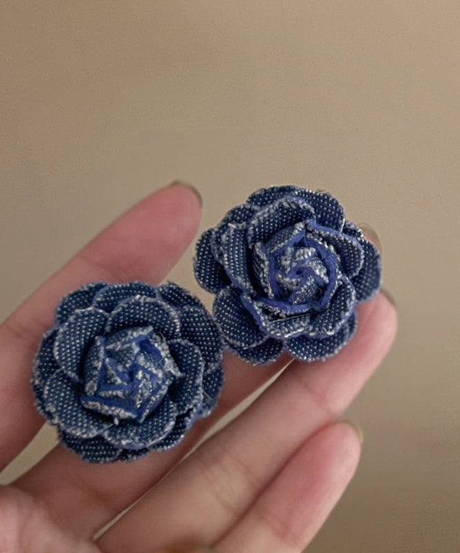 Vintage Denim Blue Sterling Silver Floral Stud Earrings